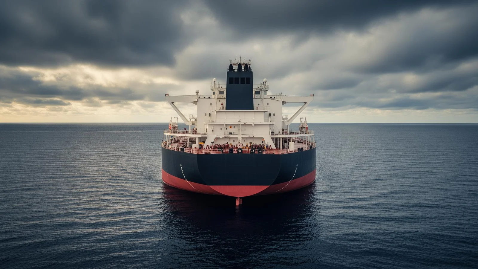 Tanker vessel underway at sea beneath a dramatic sky